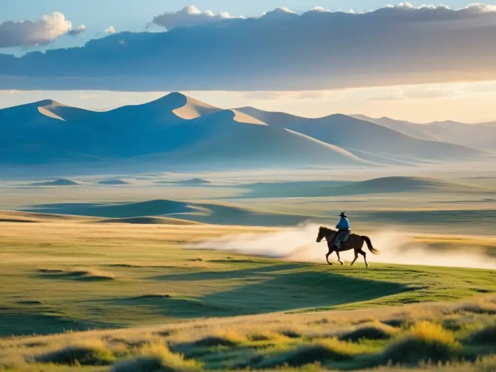 Un paisaje épico de la estepa mongola con una figura solitaria a caballo, evocando la red de espías de Gengis Khan en el horizonte