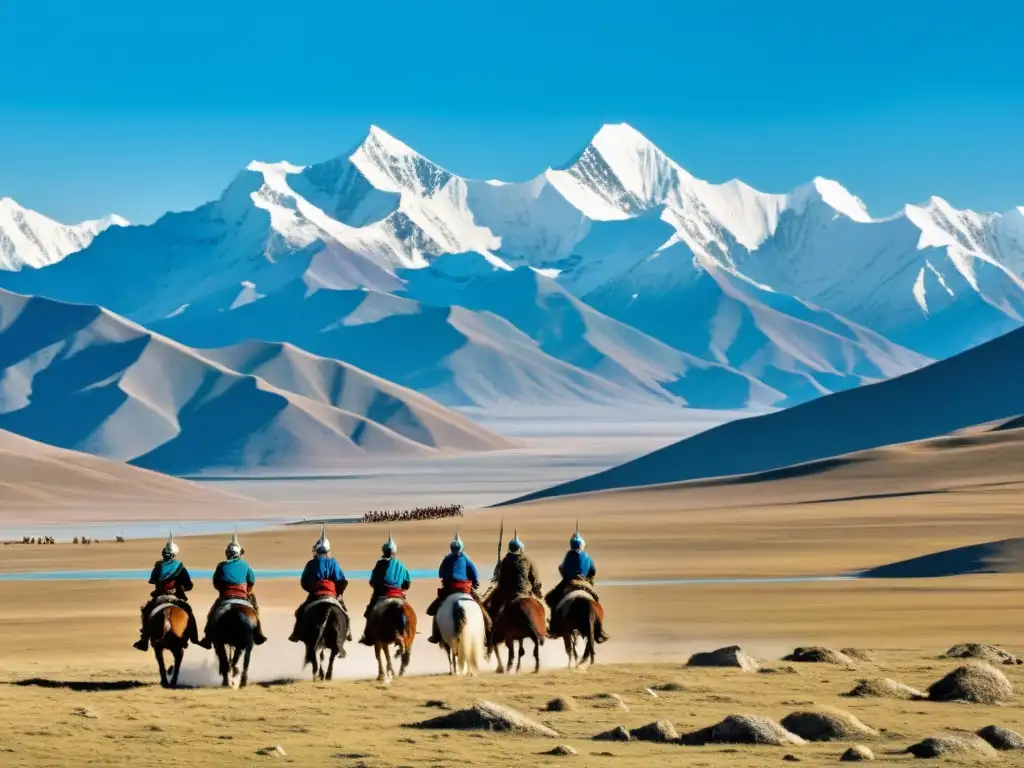 Un paisaje épico del Tíbet con guerreros mongoles a caballo, destacando la importancia del Tíbet en el Imperio Mongol