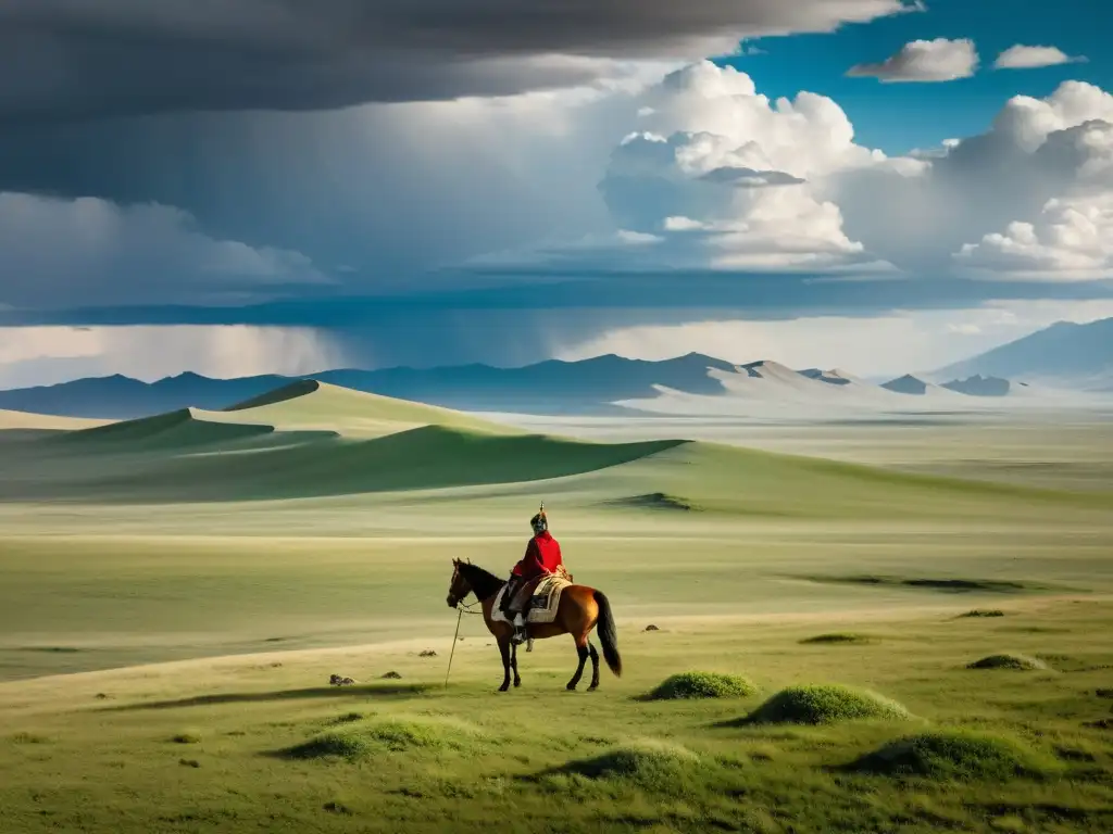 Un paisaje épico de la estepa mongola con un jinete solitario en tradicional atuendo mongol, evocando la historia del Imperio Mongol de Gengis Khan