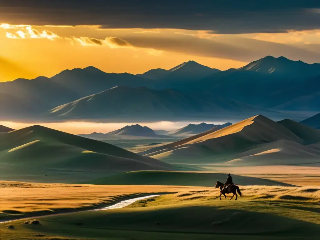 Un paisaje épico de la estepa mongol con un jinete solitario en traje tradicional, yurtas en el horizonte