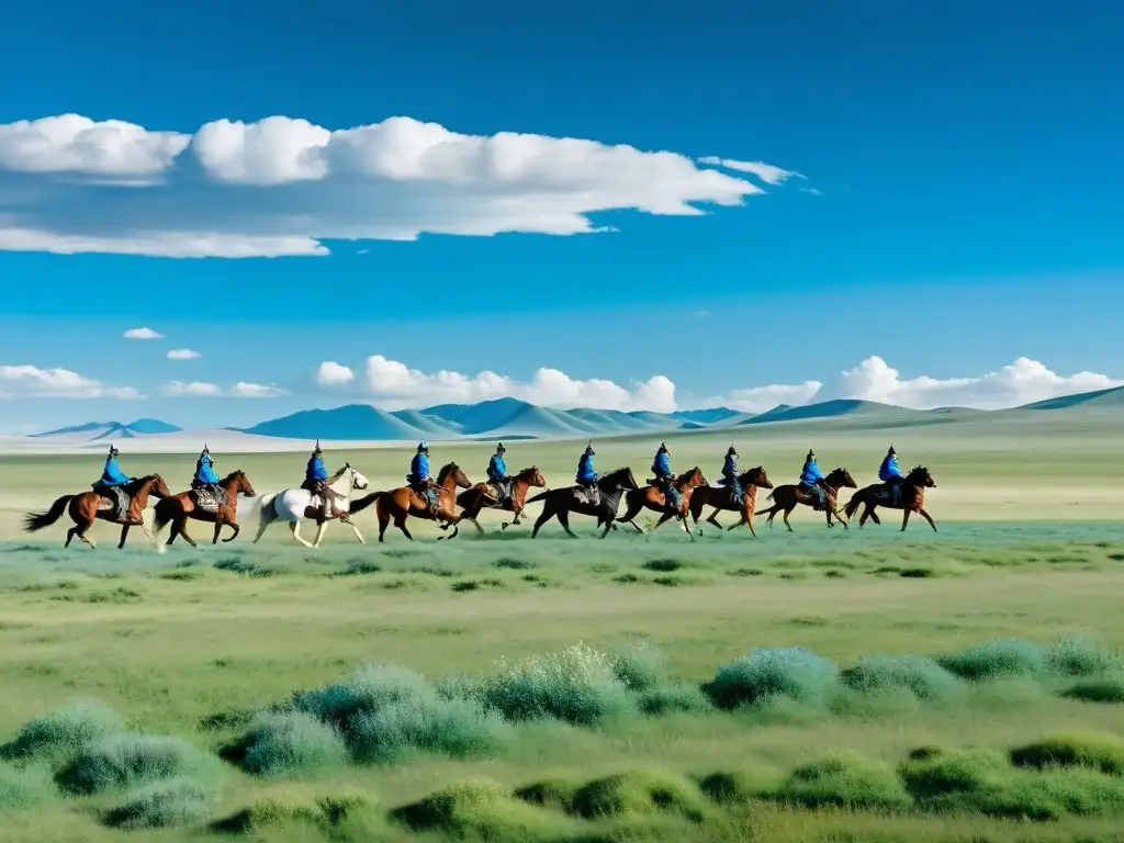 Un paisaje épico de la estepa mongol con poderosos guerreros a caballo