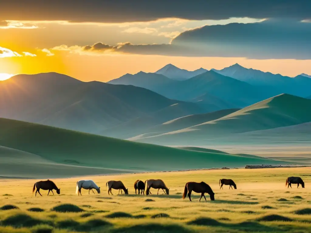 Un paisaje épico de la estepa mongol con el sol poniéndose detrás de las montañas, mostrando el liderazgo de los khans mongoles