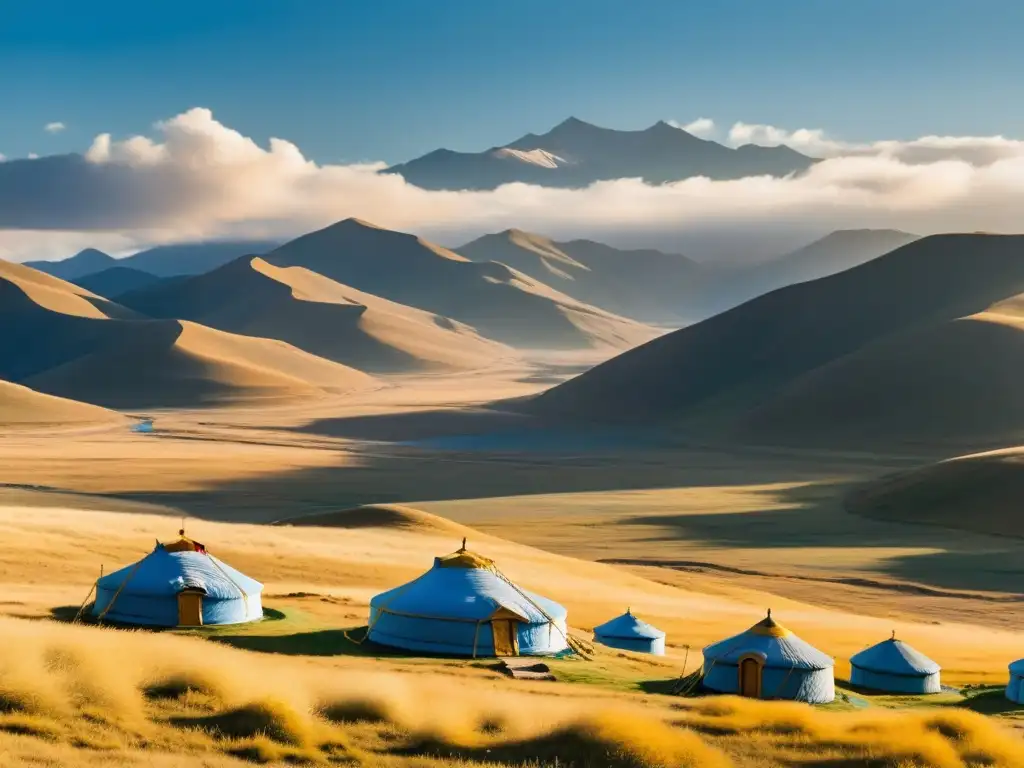 Un paisaje espiritual de las antiguas estepas de Mongolia con yurtas tradicionales y una figura contemplativa