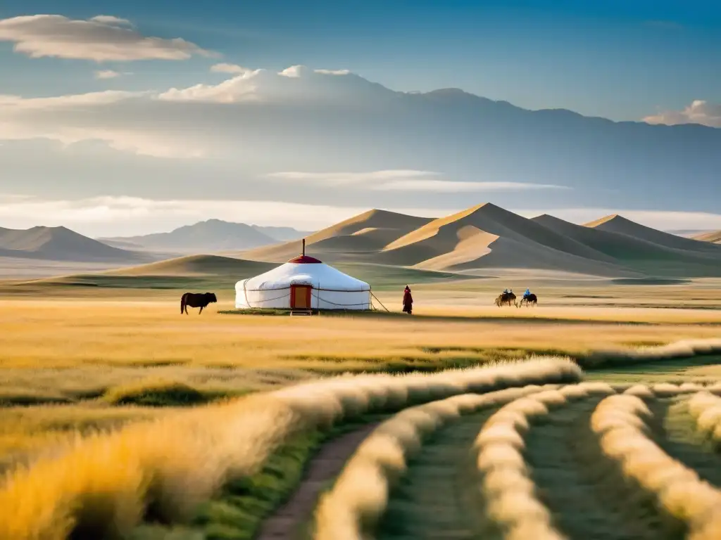 Un paisaje etéreo de Mongolia con rebaños nómadas, una ger tradicional y una experiencia auténtica de retiros nómadas en Mongolia