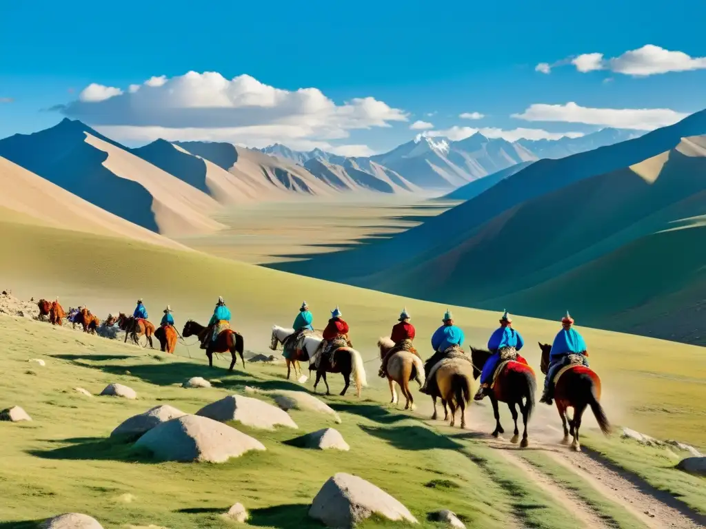 Un paisaje expansivo y agreste con vías comerciales secretas mongoles, donde mercaderes en caballo recorren un camino serpenteante entre montañas