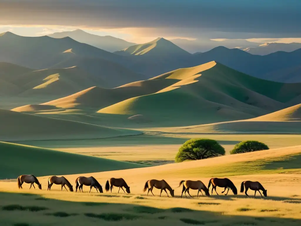 Un paisaje expansivo de la estepa mongola con caballos salvajes pastando, bañado en luz dorada al atardecer