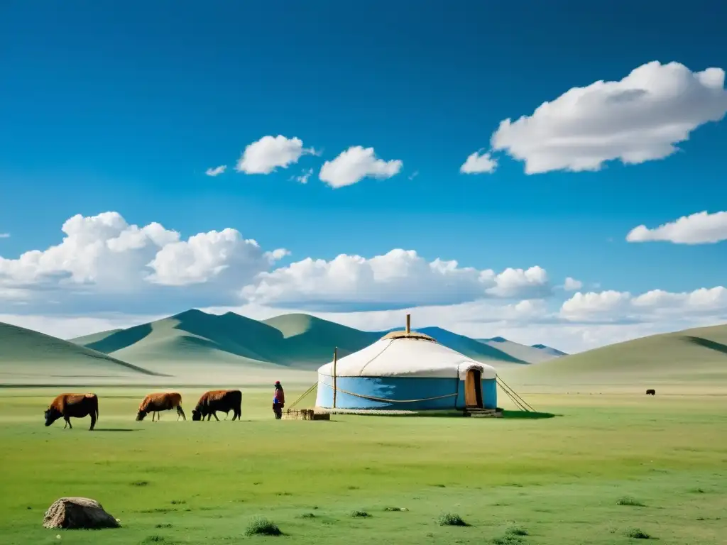 Un paisaje expansivo de las estepas mongoles, donde la agricultura y la vida nómada se entrelazan en armonía