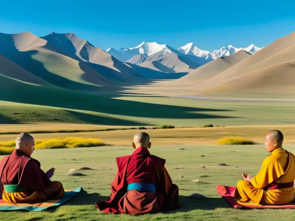 Un paisaje expansivo de la estepa mongola con monjes budistas en ritual, bajo un cielo azul