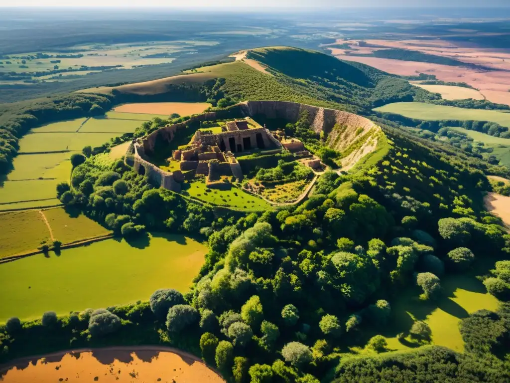 Un paisaje expansivo y rocoso con ruinas antiguas y sitios de excavación arqueológica del Imperio Mongol, bañado por la luz del sol