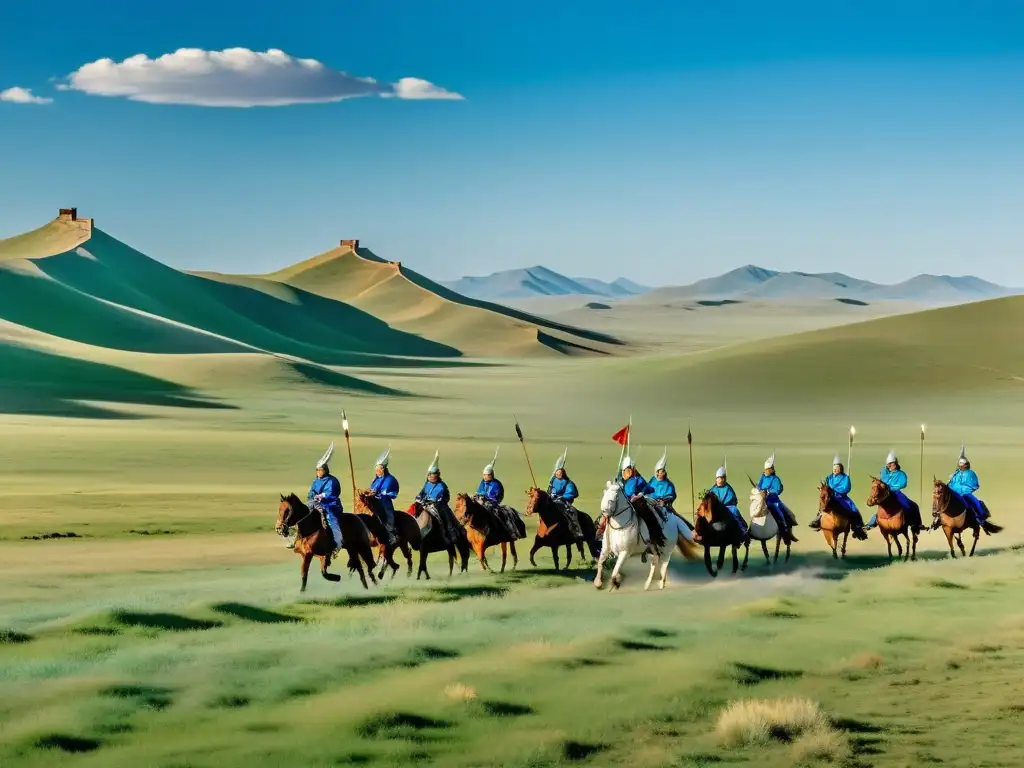 Un paisaje de la extensa estepa mongol, con colinas onduladas bajo un cielo azul