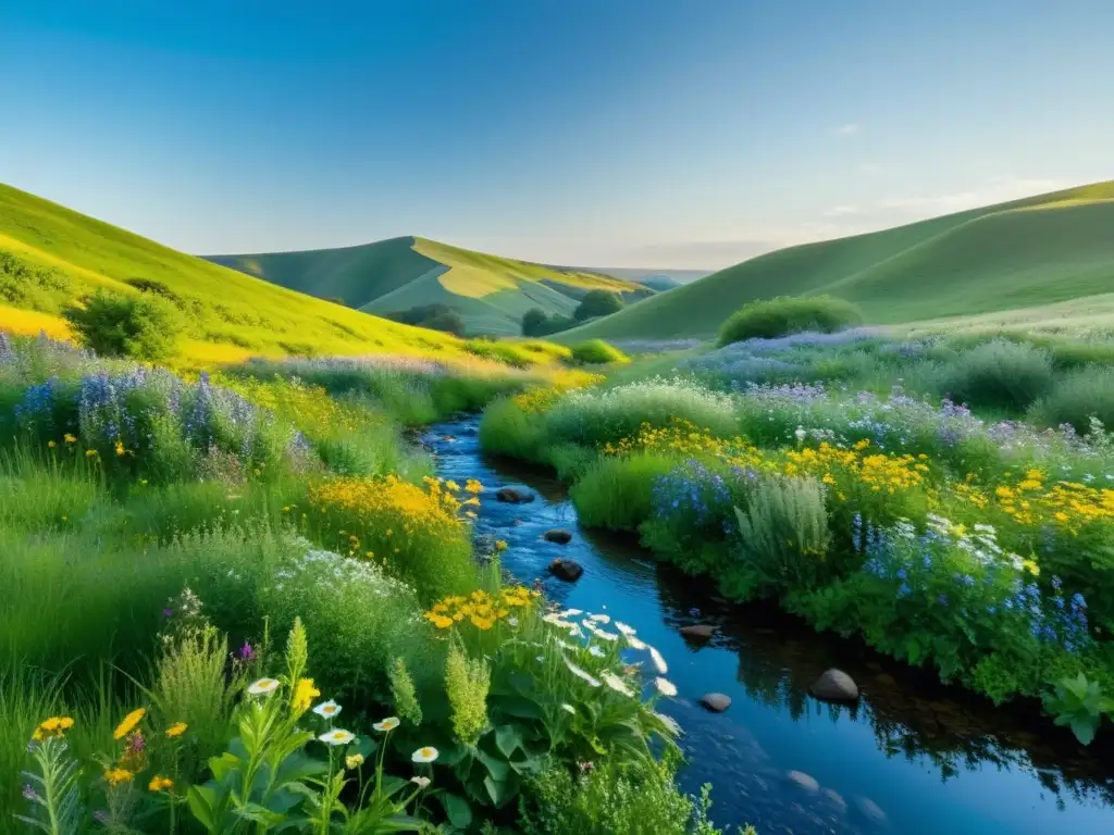 Renovación primaveral: praderas florecientes y colinas ondulantes Un paisaje exuberante con flores silvestres vibrantes, colinas y un cielo azul