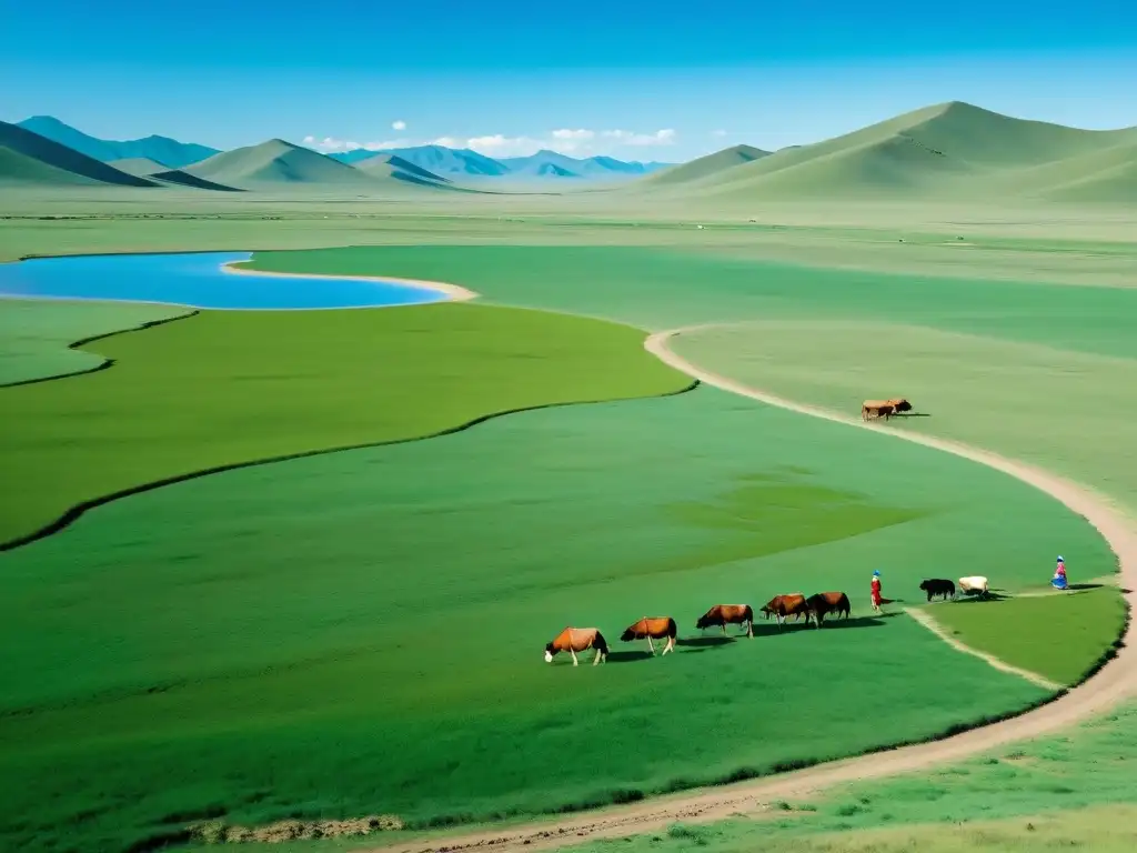 Un paisaje exuberante de estepa mongol, donde agricultores mongoles combinan técnicas agrícolas innovadoras con métodos tradicionales