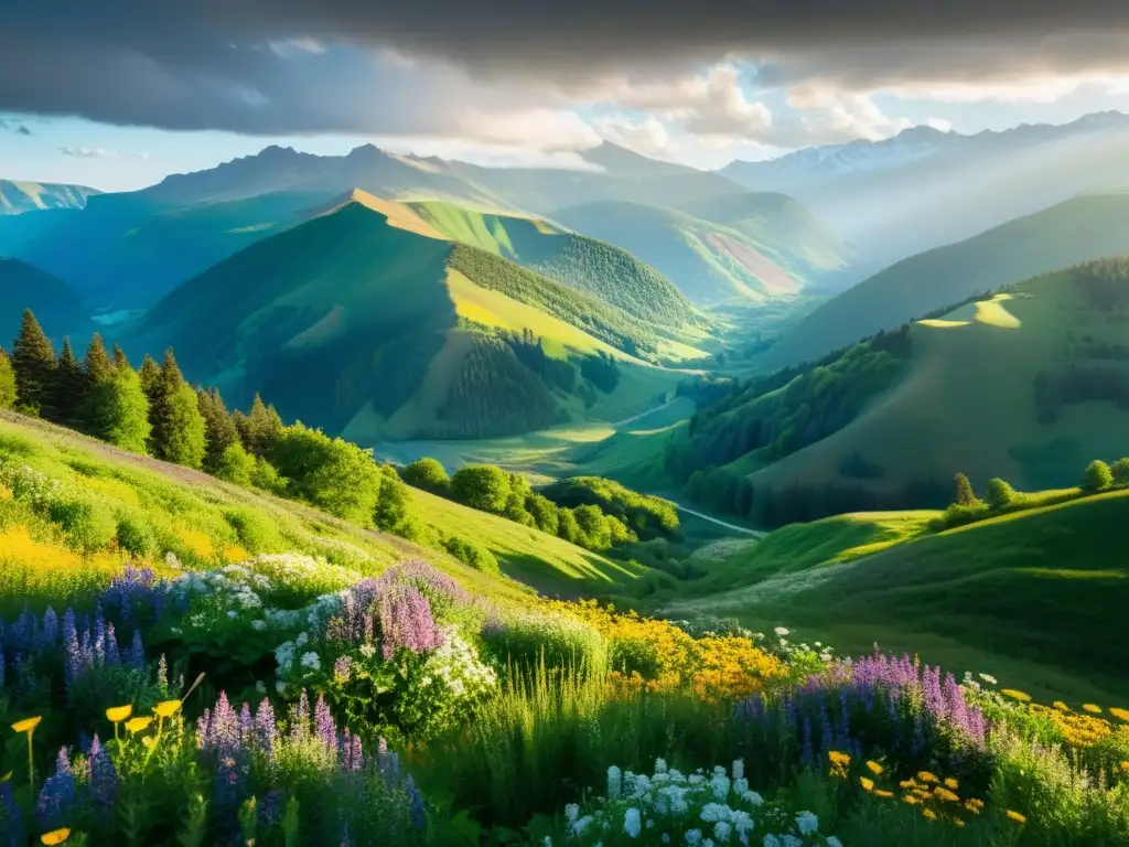 Renacimiento de la naturaleza: colinas floridas y montañas nevadas Un paisaje exuberante y vibrante con colinas, valles, flores silvestres y árboles altos