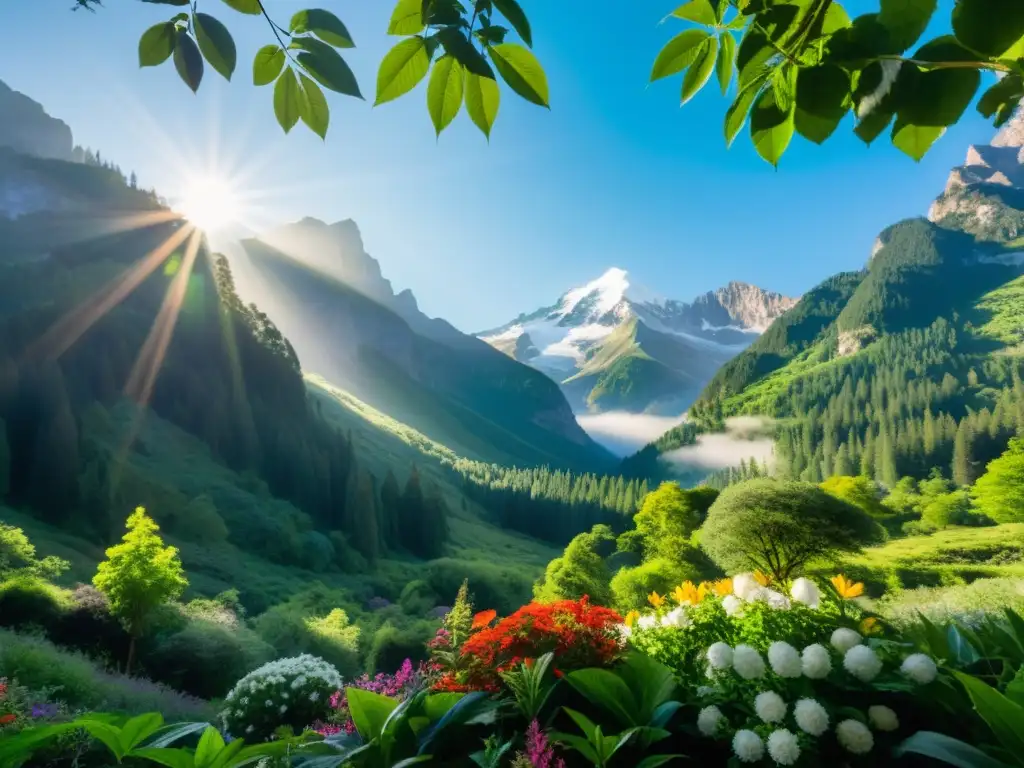 Un paisaje exuberante y vibrante de plantas y flores coloridas, enmarcado por majestuosas montañas nevadas