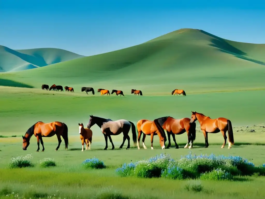 Un paisaje idílico con un rebaño de majestuosos caballos mongoles pastando en la exuberante estepa, rodeados de flores silvestres y yurtas nómadas