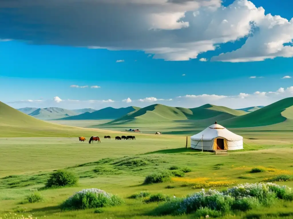 Un paisaje idílico de la vasta estepa mongola, con colinas verdes y flores silvestres, un campamento de yurtas nómadas y caballos pastando