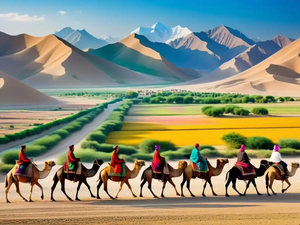 Un paisaje impresionante de la antigua Ruta de la Seda, con montañas escarpadas y una caravana de camellos en el desierto