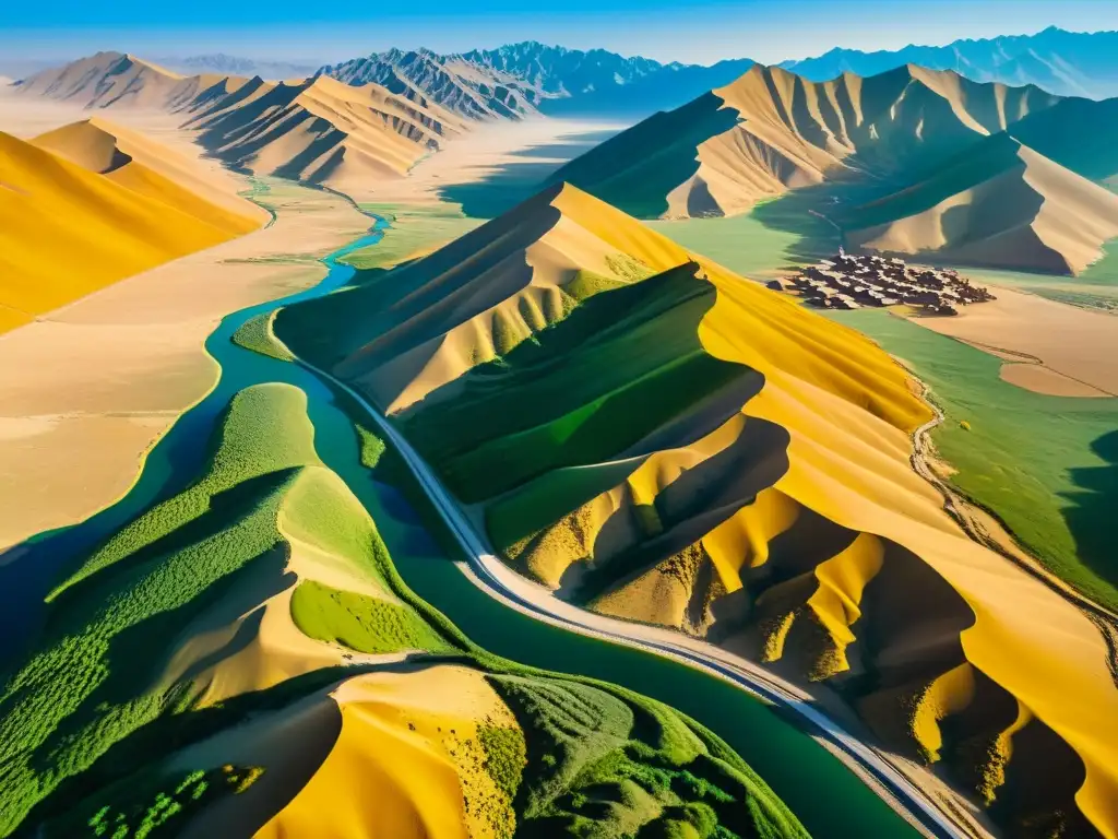 Un paisaje impresionante de la antigua Ruta de la Seda, con caravanas de mercaderes y animales de carga atravesando montañas y desiertos