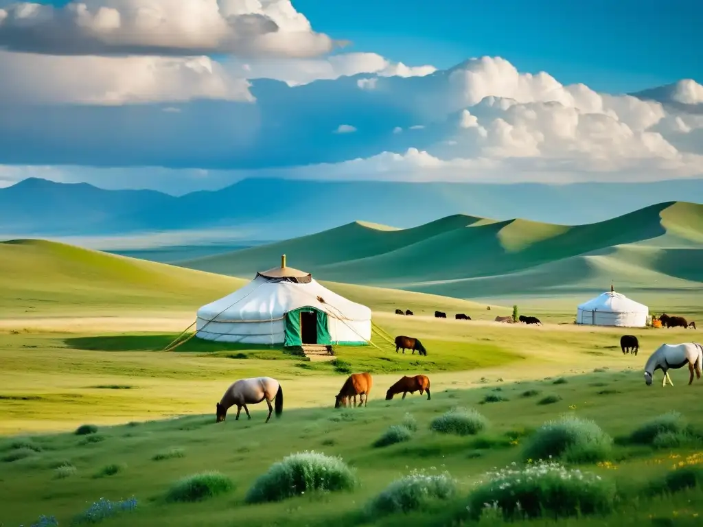 Un paisaje impresionante de la extensa estepa de Mongolia, con una yurta tradicional y caballos pastando