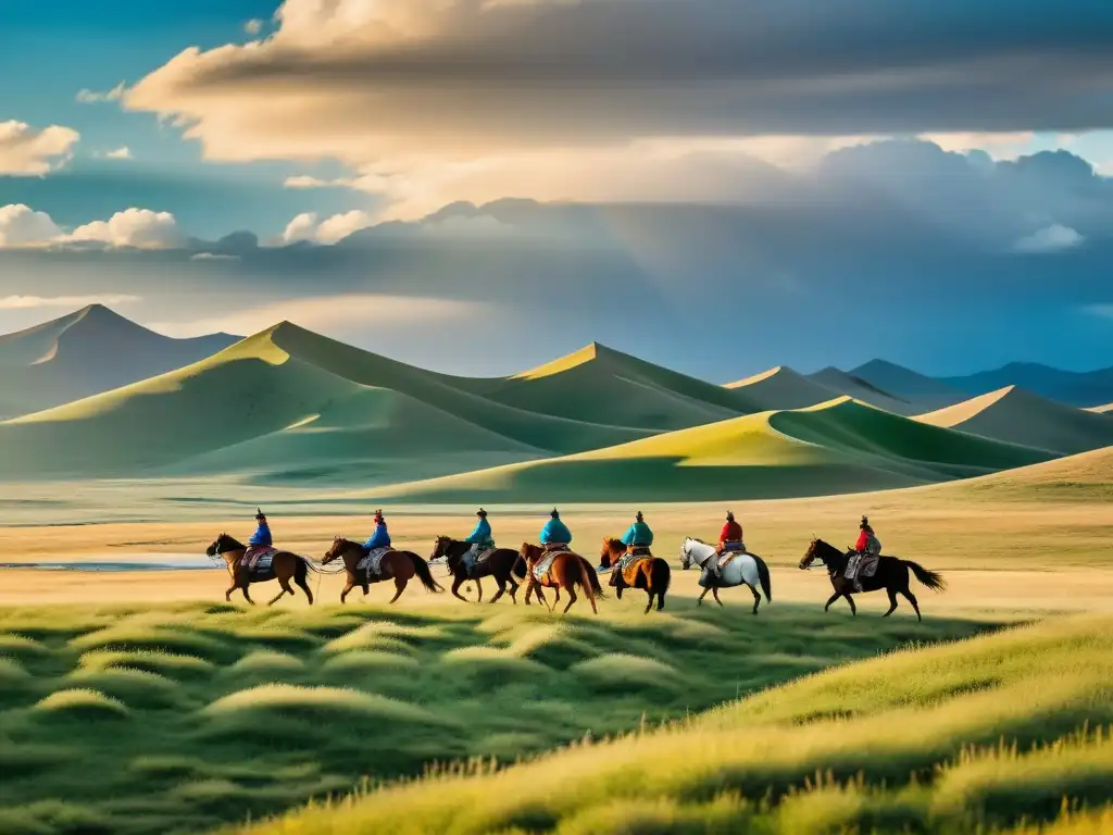 Un paisaje impresionante de la estepa mongol con jinetes a caballo