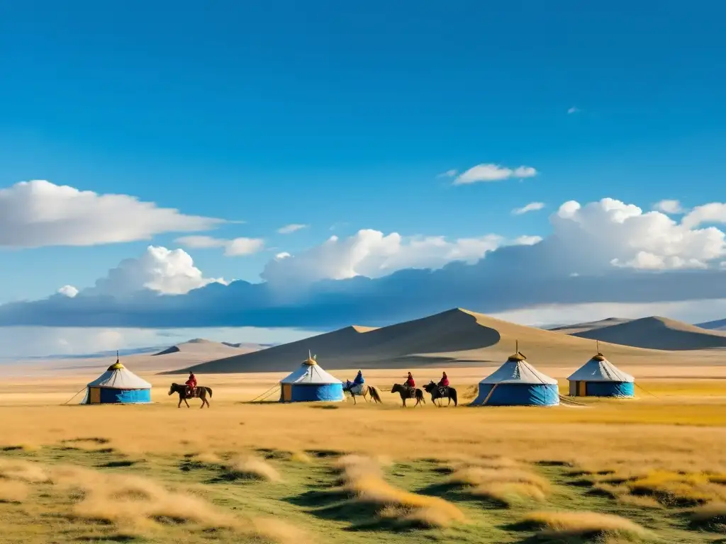 Un paisaje impresionante de la estepa mongol con yurtas y mensajeros a caballo, reflejando el sistema de mensajería en el Imperio Mongol