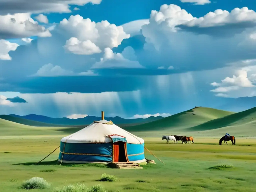 Un paisaje impresionante de la estepa mongol con una yurta nómada decorada y una familia cuidando de sus animales