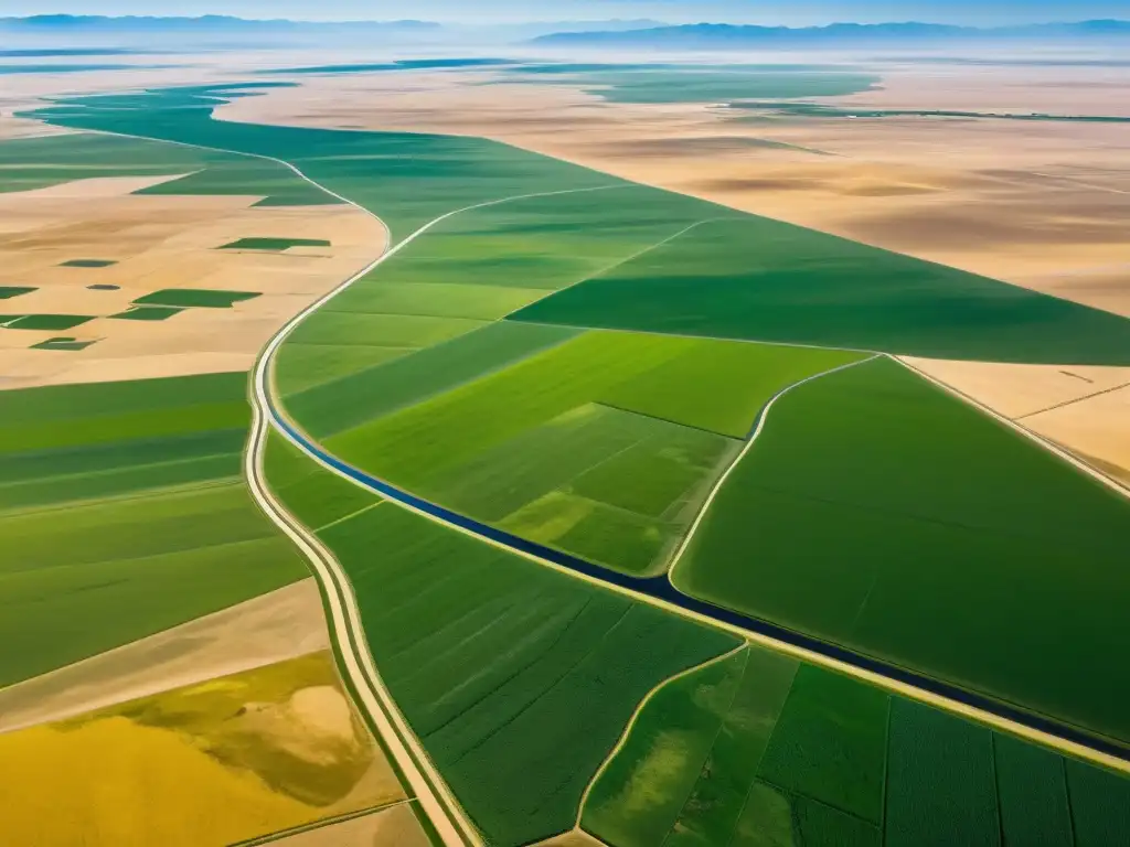 Un paisaje impresionante de la estepa mongola con tecnologías de irrigación, resaltando la armonía entre naturaleza y avances tecnológicos