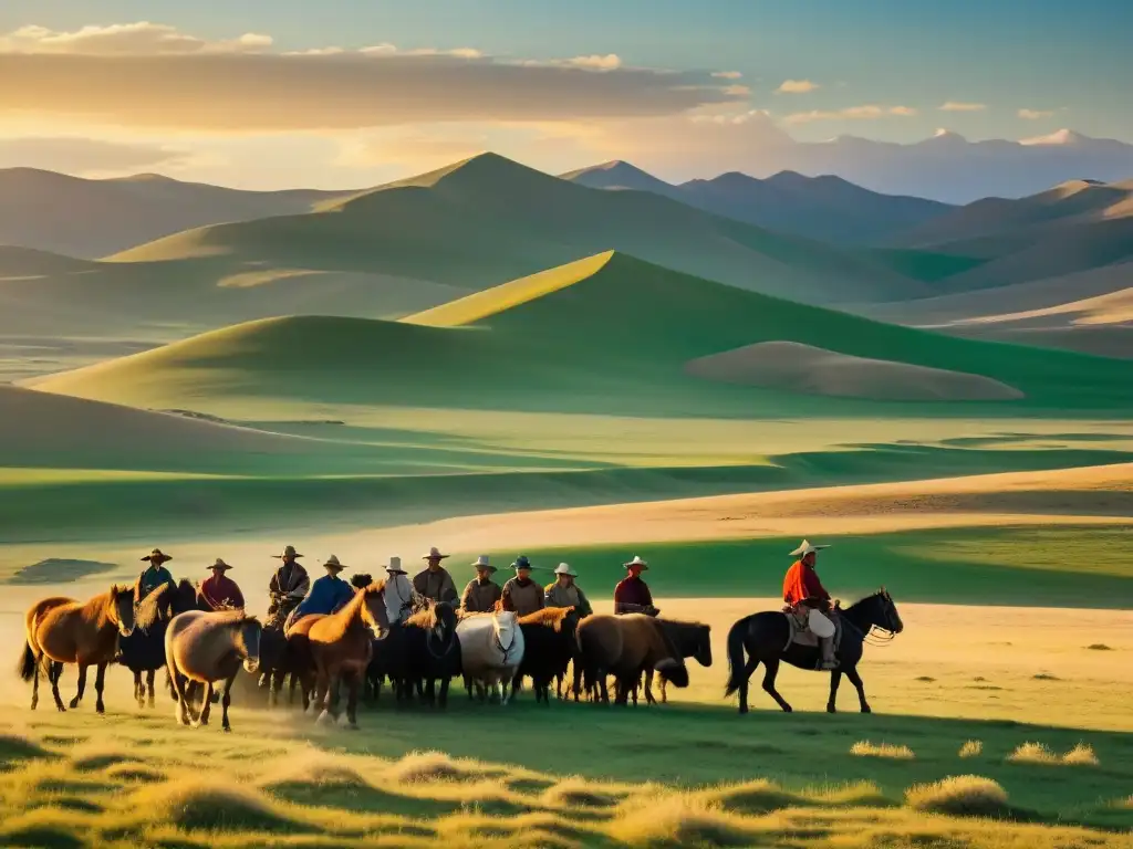 Un paisaje impresionante de la vasta estepa mongola al atardecer, con un pastor nómada a caballo y su rebaño