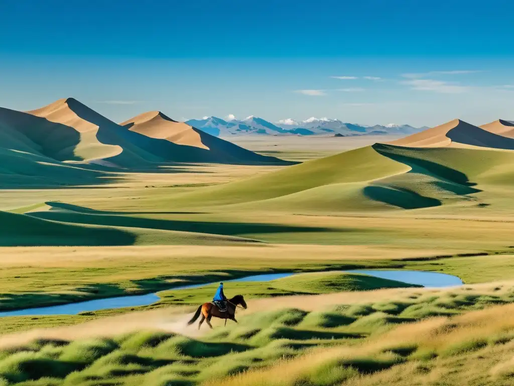 Un paisaje impresionante de la vasta estepa mongol con el último Khan del Imperio Mongol a caballo, evocando la grandeza y soledad de la tierra