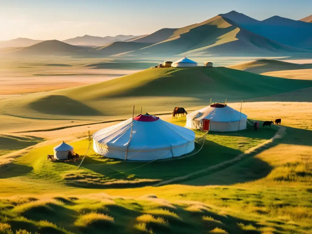 Un paisaje impresionante de la vasta estepa mongol, con un asentamiento nómada yurt en medio de las ondulantes praderas