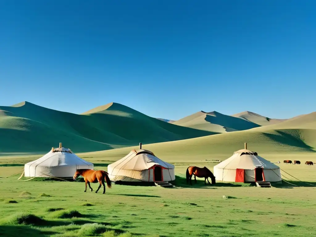 Un paisaje impresionante de las vastas estepas de Mongolia bajo un cielo azul claro, con la tradicional yurta de una familia nómada en primer plano y un rebaño de caballos pastando pacíficamente en la distancia