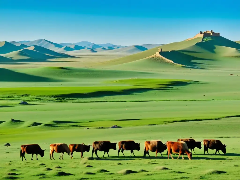 Un paisaje impresionante de las vastas estepas de Mongolia con hermosas ruinas antiguas en el horizonte y pastores mongoles cuidando su ganado