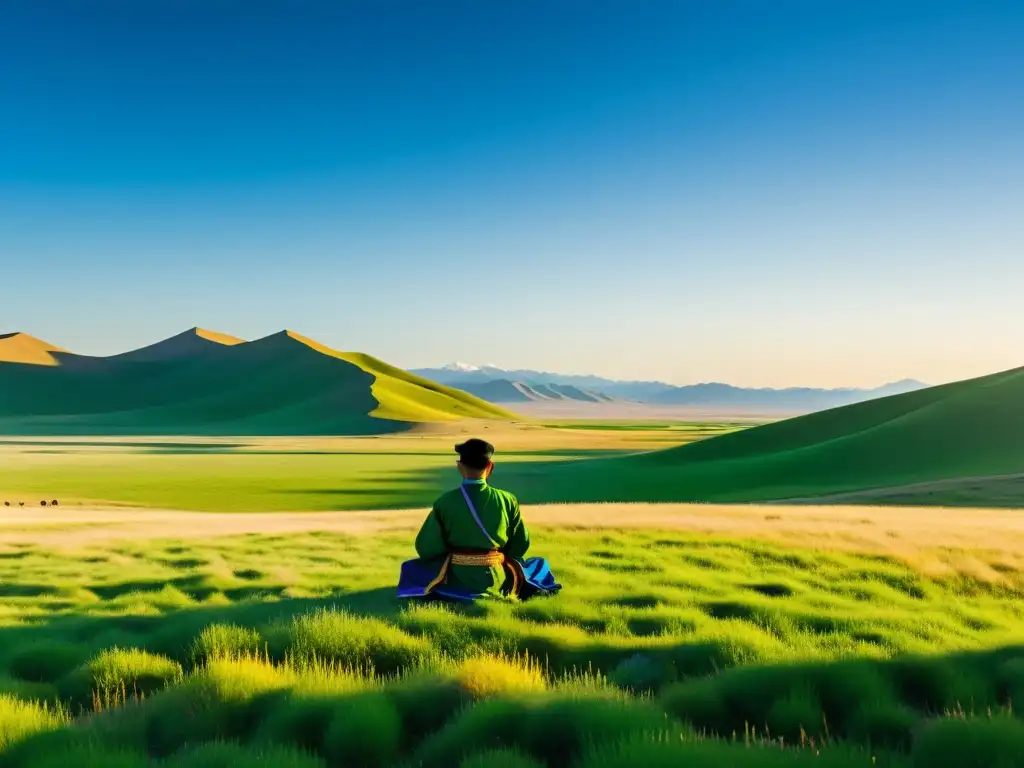 Un paisaje impresionante de las vastas praderas de Mongolia, con una figura solitaria en traje tradicional meditando