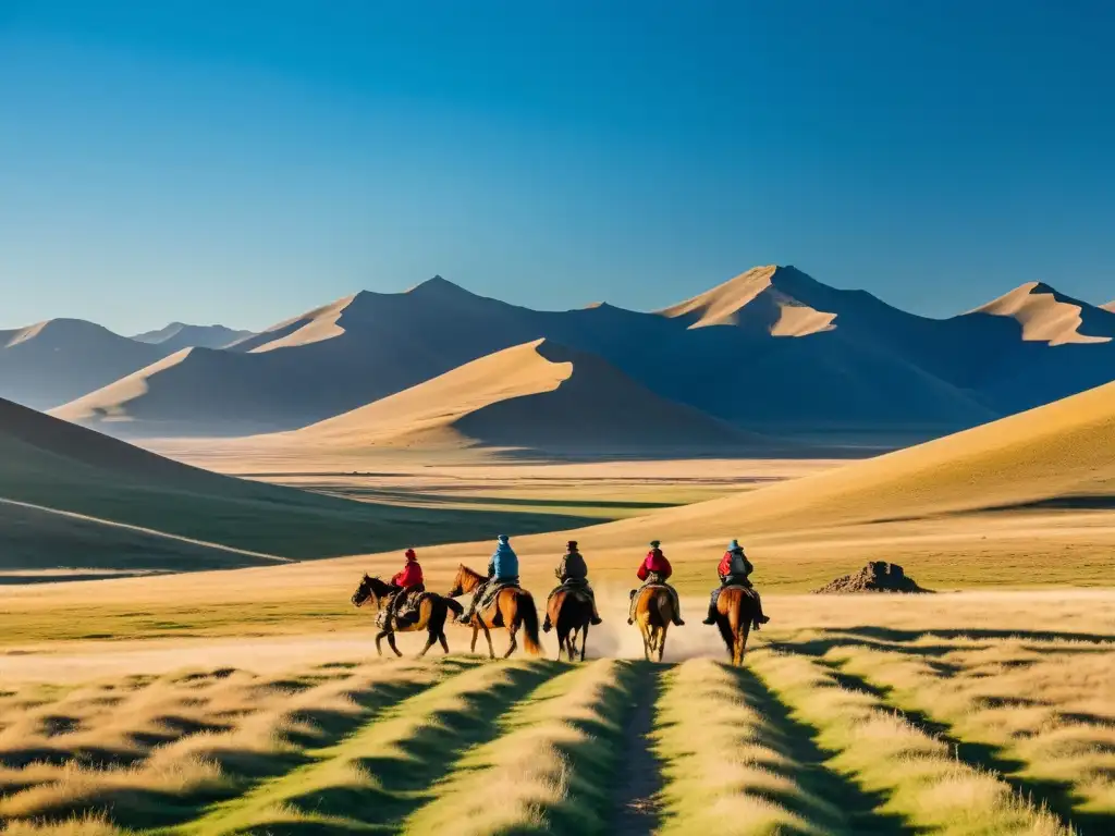 Un paisaje impresionante de la estepa mongola con viajeros a caballo, destacando la mejor época para viajar a Mongolia