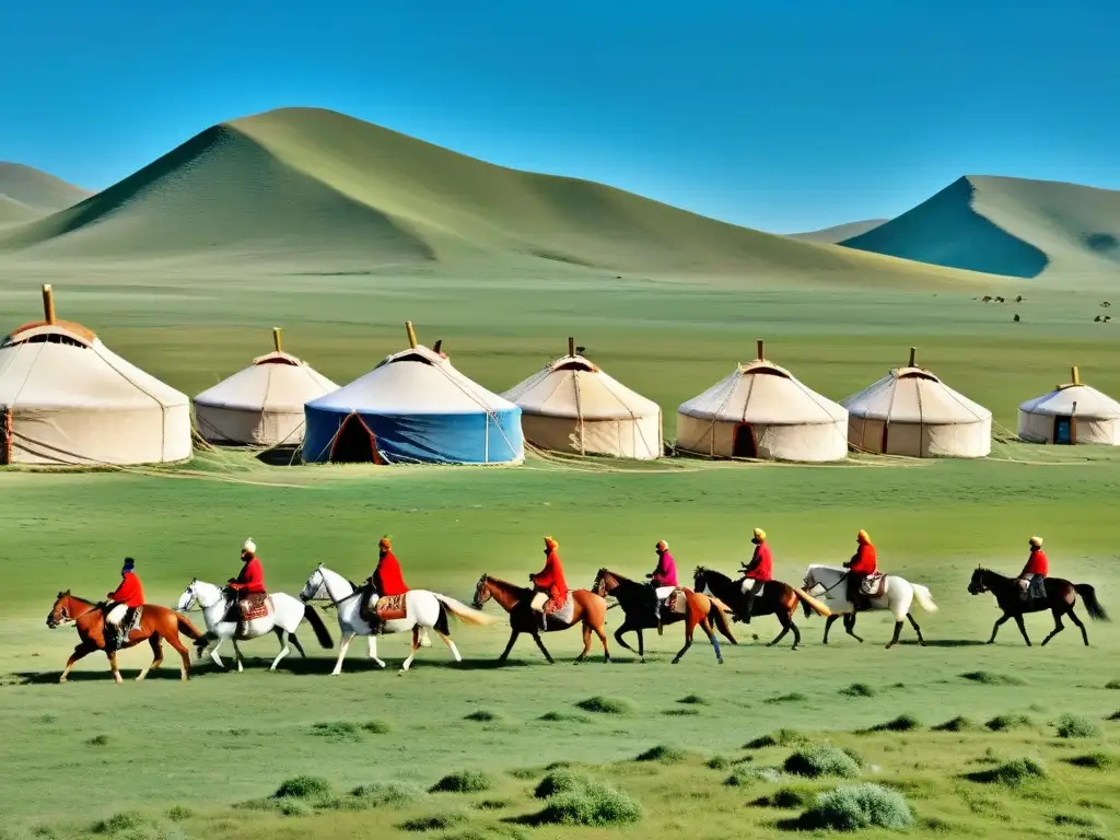 Un paisaje infinito de la estepa mongola con jinetes yurt nómadas pastoreando ovejas, evocando el legado del Imperio Mongol