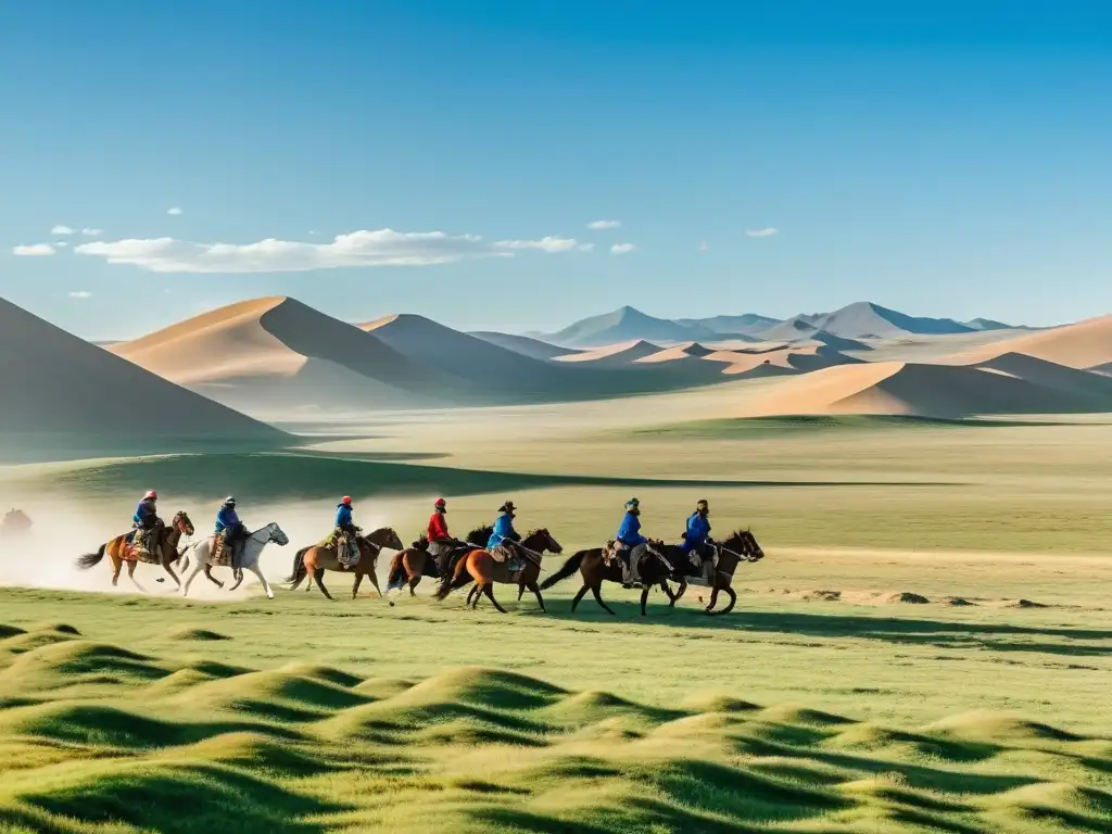 Un paisaje inmenso de la estepa mongol con jinetes llevando sacos de correo, reflejando la importancia del Correo en el Imperio Mongol