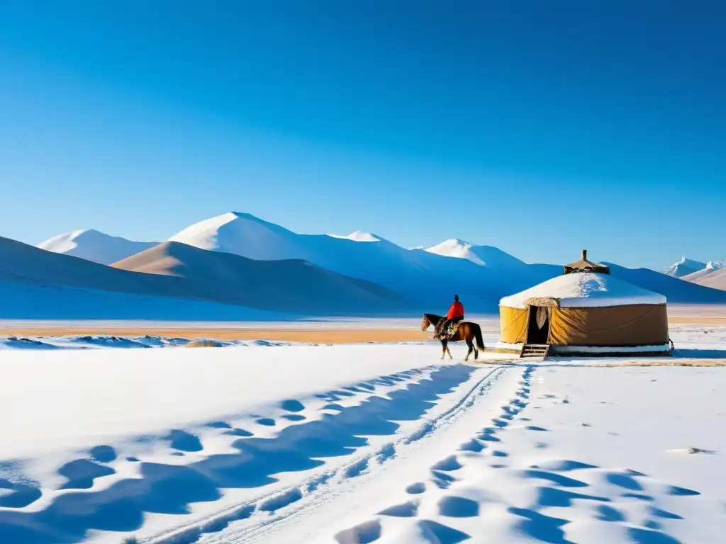 Un paisaje invernal impresionante de la estepa mongola, con un jinete solitario en un caballo yurt tradicional rodeado de árboles nevados