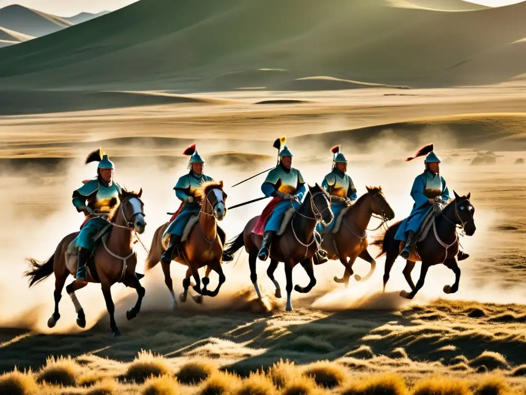 Un paisaje majestuoso de la estepa mongol con guerreros a caballo mostrando tácticas de caballería del Imperio Mongol