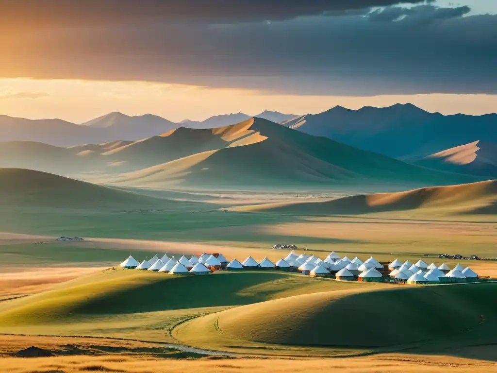 Un paisaje mongol al atardecer, con yurtas, ganado y montañas al fondo