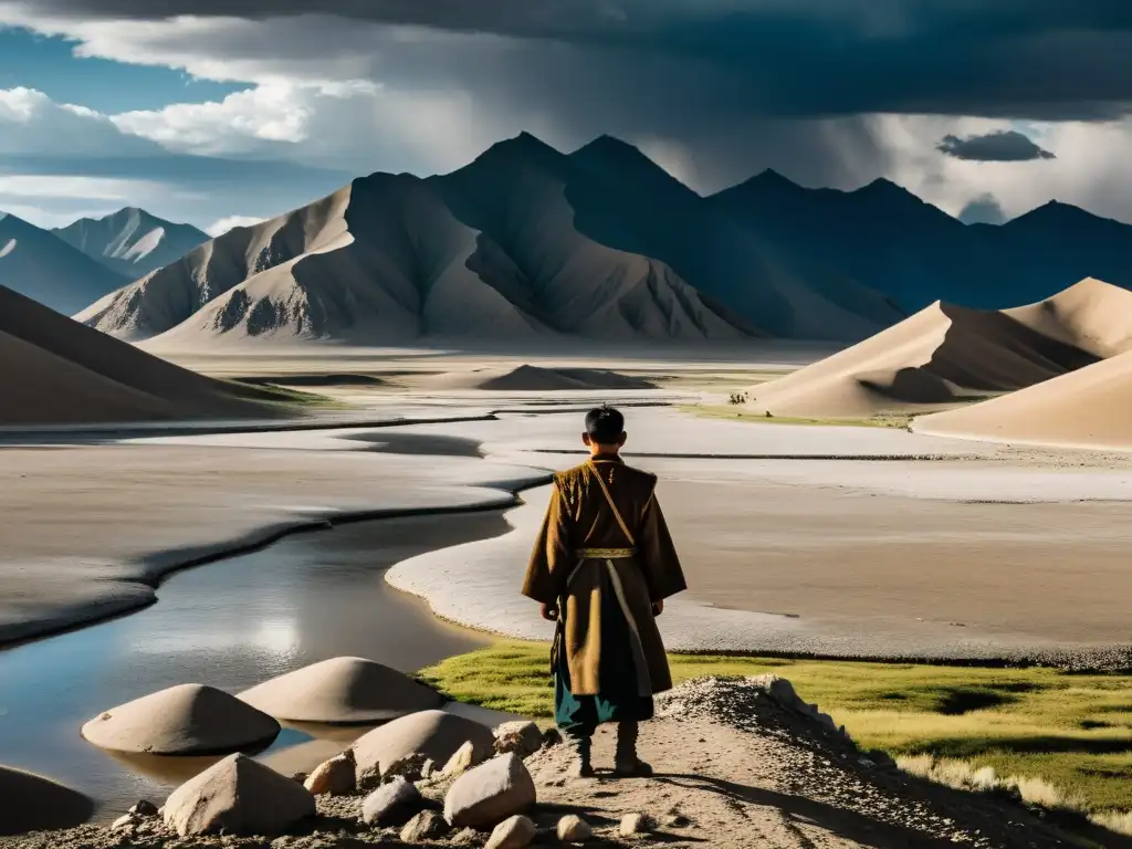 Un paisaje mongol desolado con lecho de ríos secos, tierra agrietada, vegetación escasa y un pastor nómada mirando con expresión solemne