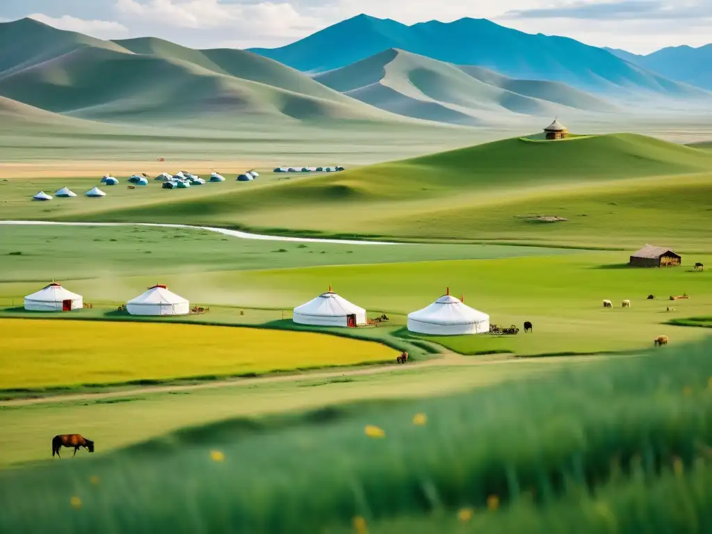 Un paisaje mongol expansivo con agricultores yurtas, muestra cambios en la agricultura mongola