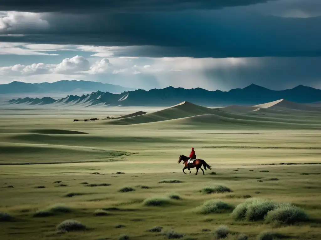 Un paisaje mongol expansivo con un jinete solitario en el sistema postal mongol expansión comunicación