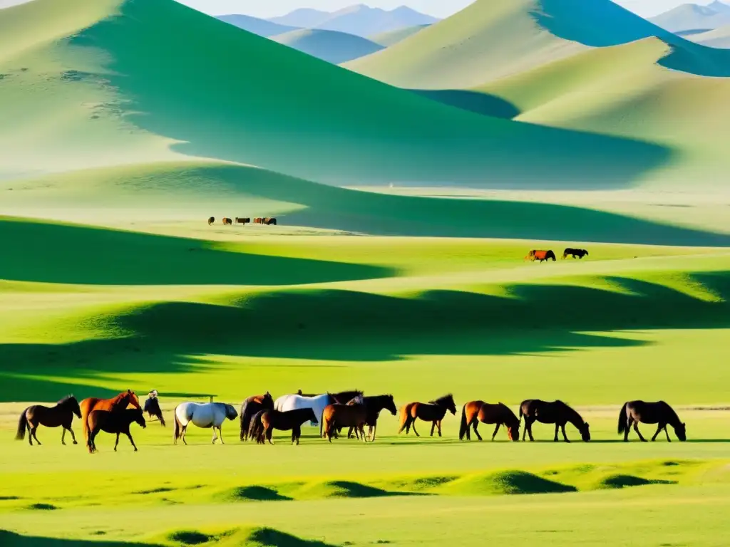 Un paisaje mongol exuberante con caballos pastando y pastores nómadas en armonía con la tierra