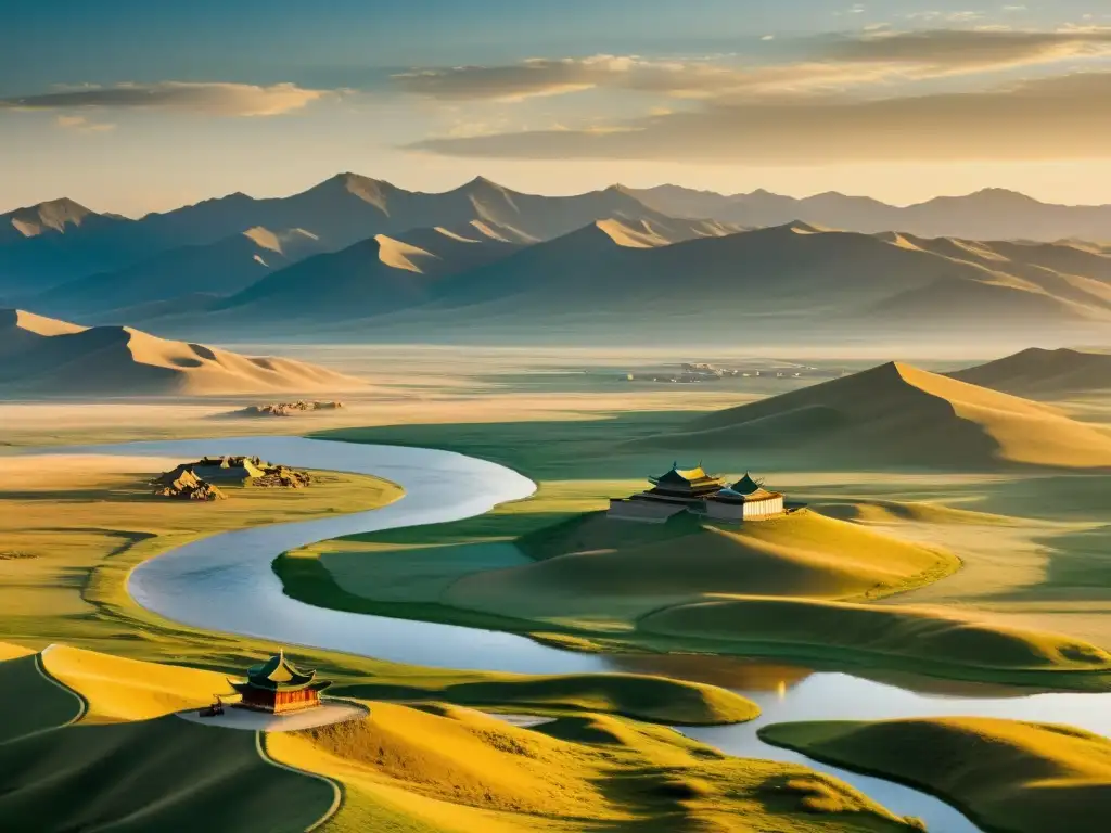 Un paisaje mongol impresionante, vasto y áspero, con yurtas nómadas, río y montañas al atardecer