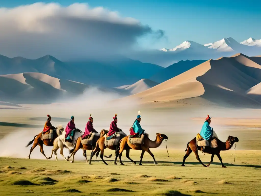 Un paisaje mongol inmenso con una caravana de mercaderes y camellos, ilustrando el sistema tributario mongol imperial