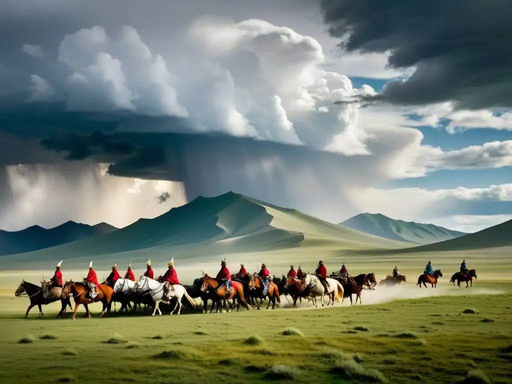 Un paisaje mongol vasto y agreste con una caravana de suministros y guerreros, reflejando la logística del Imperio Mongol