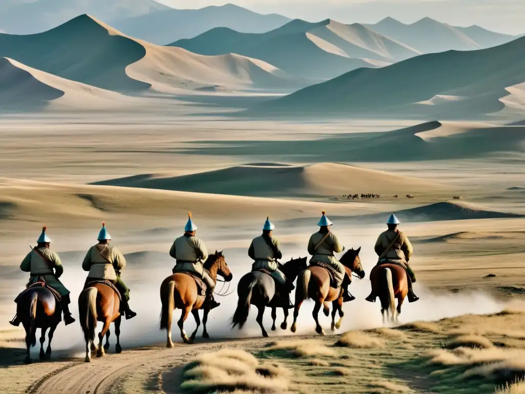 Un paisaje mongol vasto y árido con soldados y caballos, destacando la relación entre cambio climático y expansión mongola