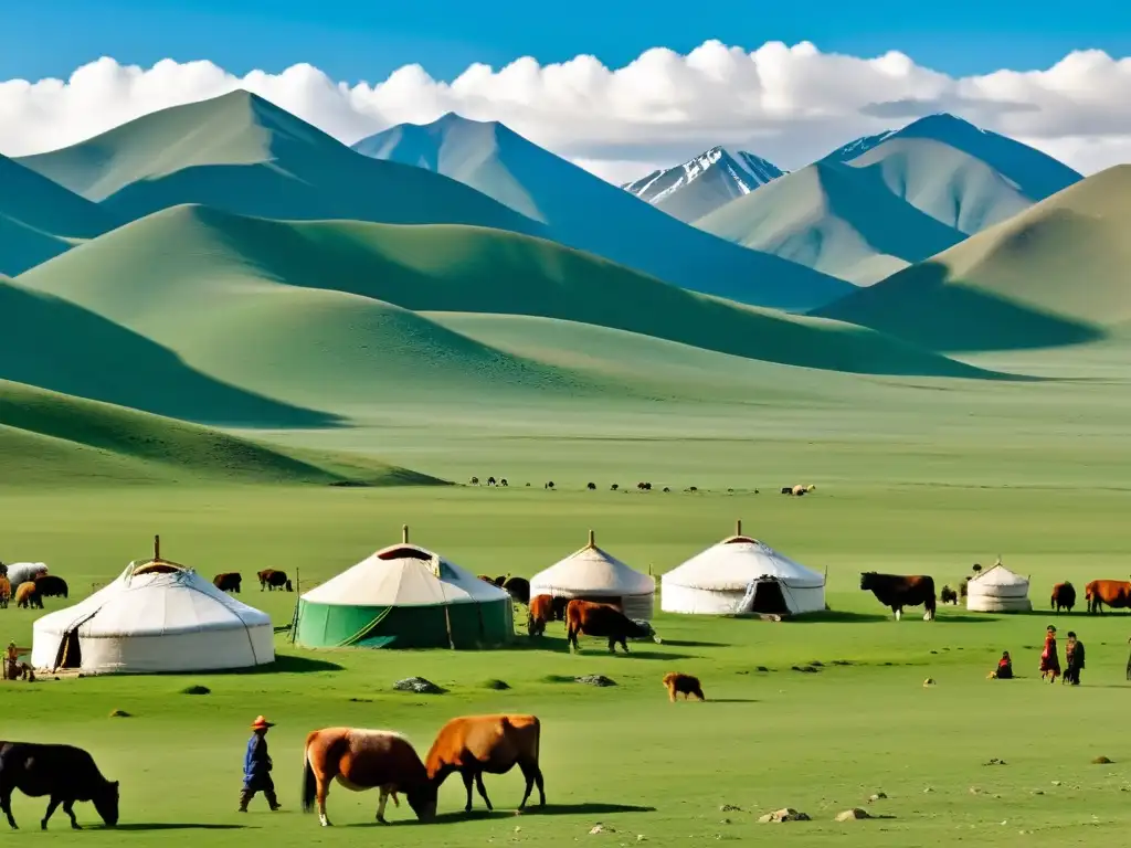 Un paisaje mongol vasto con colinas verdes, montañas nevadas al fondo y pastores nómadas con yurtas