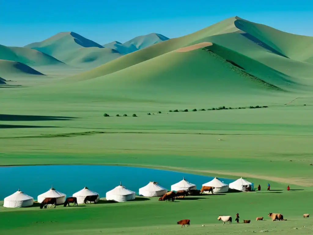 Un paisaje Mongol vasto con colinas verdes, cielo azul y pastores nómadas