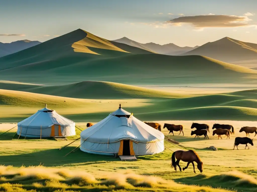 Un paisaje mongol vasto y detallado con caballos salvajes, yaks y una familia nómada, mostrando el legado ambiental de la expansión mongola